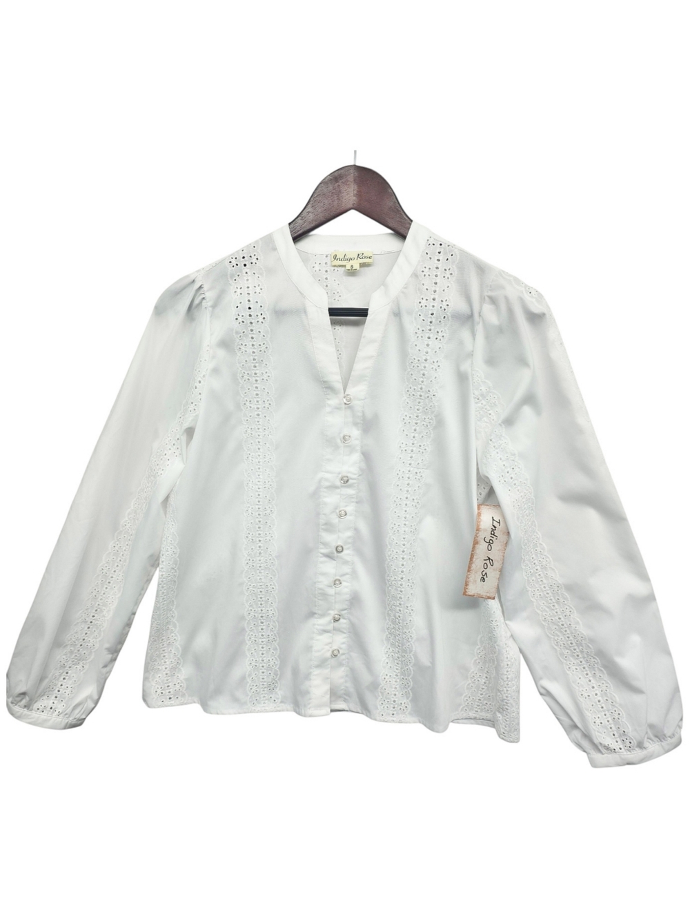 Indigo Rose White Eyelet Lace Blouse NWT Boho Cottagecore Split Neck Long Sleeve - Picture 9 of 16